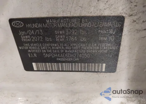 2013 Hyundai Elantra Gls from USA, damaged, VIN 5NPDH4AE6DH274050